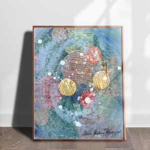 Joyful 1 contemporary abstract art print in room mockup available in multiple sizes by Alice Arlene Briggs
