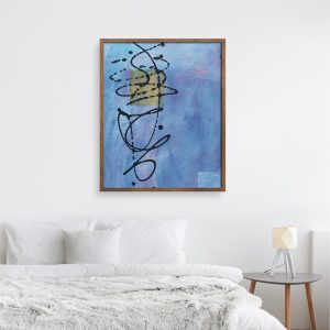 Abstract abstract art print by Alice Arlene Briggs in bedroom setting, peaceful and contemplative but full of action and encouragement to persist and overcome in rich blue with yellow and black, giclée on archival cotton paper