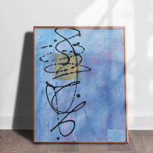 Abstract mixed media abstract art print by Alice Arlene Briggs shown on the floor, rich blue with yellow and black on archival cotton paper