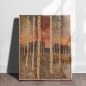 Aspen Grove 10 mixed media abstracted landscape art print by Alice Arlene Briggs shown on the floor, rich yellow and red with white on archival cotton paper