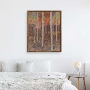 Aspen Grove 11 abstracted landscape art print by Alice Arlene Briggs in bedroom setting, invitation to a walk among the aspens in the fall in rich yellow and red with white, giclée on archival cotton paper