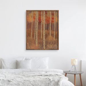Aspen Grove 12 abstracted landscape art print by Alice Arlene Briggs in bedroom setting, invitation to a walk among the aspens in the fall in rich yellow and red with white, giclée on archival cotton paper