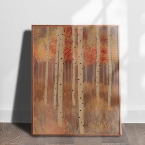 Aspen Grove 12 mixed media abstracted landscape art print by Alice Arlene Briggs shown on the floor, rich yellow and red with white on archival cotton paper