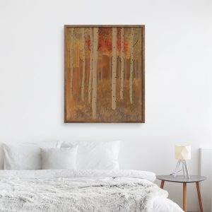 Aspen Grove 13 abstracted landscape art print by Alice Arlene Briggs in bedroom setting, invitation to a walk among the aspens in the fall in rich yellow and red with white, giclée on archival cotton paper