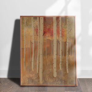 Aspen Grove 13 mixed media abstracted landscape art print by Alice Arlene Briggs shown on the floor, rich yellow and red with white on archival cotton paper