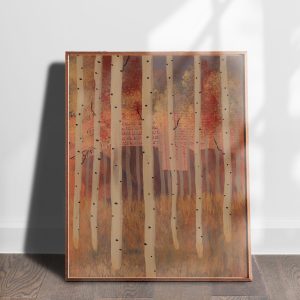 Aspen Grove 14 mixed media abstracted landscape art print by Alice Arlene Briggs shown on the floor, rich yellow and red with white on archival cotton paper