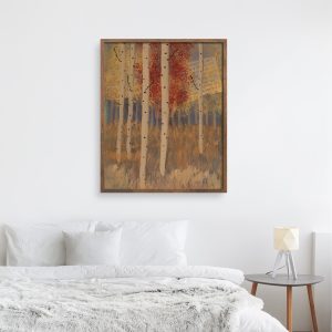 Aspen Grove 9 abstracted landscape art print by Alice Arlene Briggs in bedroom setting, invitation to a walk among the aspens in the fall in rich yellow and red with white, giclée on archival cotton paper