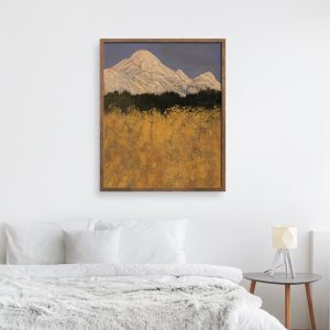 Aspen 3 abstracted landscape art print by Alice Arlene Briggs in bedroom setting, joyful and peaceful view over the aspens to the mountains in rich yellow and blue with white and green, giclée on archival cotton paper