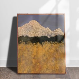 Aspen 3 mixed media abstracted landscape art print by Alice Arlene Briggs shown on the floor, rich yellow and blue with white and green on archival cotton paper