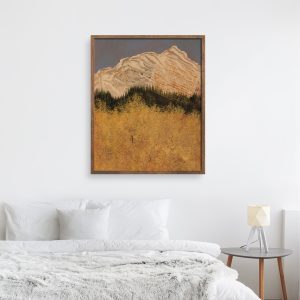 Aspen 4 abstracted landscape art print by Alice Arlene Briggs in bedroom setting, joyful and peaceful view over the aspens to the mountains in rich yellow and blue with white and green, giclée on archival cotton paper