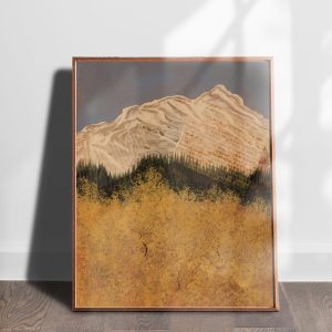 Aspen 4 mixed media abstracted landscape art print by Alice Arlene Briggs shown on the floor, rich yellow and blue with white and green on archival cotton paper