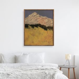 Aspen 5 abstracted landscape art print by Alice Arlene Briggs in bedroom setting, joyful and peaceful view over the aspens to the mountains in rich yellow and blue with white and green, giclée on archival cotton paper