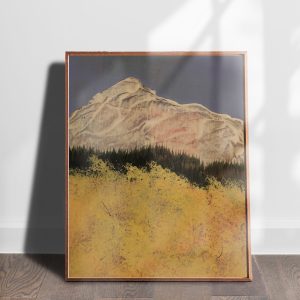 Aspen 5 mixed media abstracted landscape art print by Alice Arlene Briggs shown on the floor, rich yellow and blue with white and green on archival cotton paper