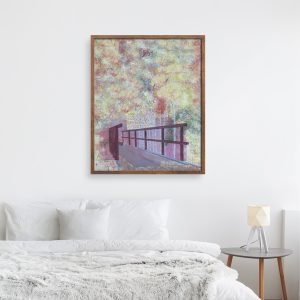 Aspen Bridge abstracted landscape art print by Alice Arlene Briggs in bedroom setting, invitation to a walk among the aspens in the fall in rich yellows, giclée on archival cotton paper