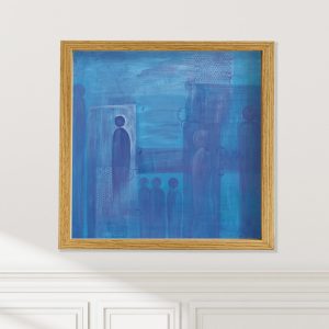 Bringers of Gifts abstract figures art print on wall by Alice Arlene Briggs, peaceful gratitude and sanctuary in rich blues, available framed or unframed