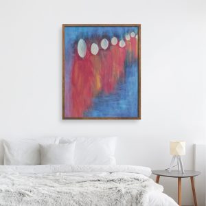 Burning Ones abstract figures art print by Alice Arlene Briggs in bedroom setting, hopeful encouragement in rich reds, oranges, blues, giclée on archival cotton paper