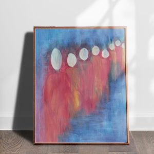 Burning Ones mixed media abstract figures art print by Alice Arlene Briggs shown on the floor, rich reds on archival cotton paper