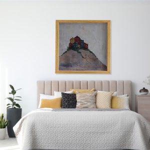 City on a Hill abstracted landscape art print by Alice Arlene Briggs in bedroom setting, peaceful Italian hill town in rich blues and reds, giclée on archival cotton paper
