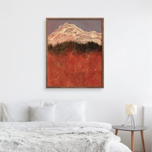 Colorado Autumn 2 abstracted landscape art print by Alice Arlene Briggs in bedroom setting, joyful and peaceful view over the aspens to the mountains in rich oranges with white and blue, giclée on archival cotton paper