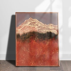 Colorado Autumn 2 mixed media abstracted landscape art print by Alice Arlene Briggs shown on the floor, rich oranges with white and blue on archival cotton paper