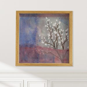 Early Almond Blossoms abstracted floral art print on wall by Alice Arlene Briggs, resilient hope in blue and cream, available framed or unframed