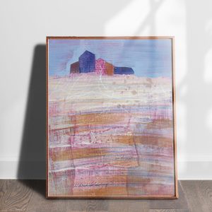 Foundations mixed media abstracted landscape art print by Alice Arlene Briggs shown on the floor, rich blues and orange on archival cotton paper