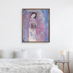 Gift Giver abstract figures art print by Alice Arlene Briggs in bedroom setting, you've been given beautiful gifts that are there for you to develop and grow in pink, cream, blues, giclée on archival cotton paper