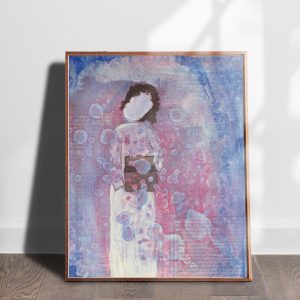 Gift Giver mixed media abstract figures art print by Alice Arlene Briggs shown on the floor, pink on archival cotton paper