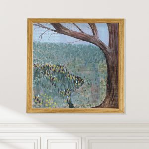 Grandma's Garden abstracted landscape art print on wall by Alice Arlene Briggs, spring tulips of hope in greens and brown, available framed or unframed