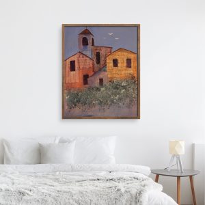 Italia 2 abstracted landscape art print by Alice Arlene Briggs in bedroom setting, invitation to find a sanctuary of peace in a chaotic world in rich yellow, blue and green, giclée on archival cotton paper