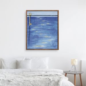 Key 2 abstracted landscape art print by Alice Arlene Briggs in bedroom setting, peaceful abstracted seascape calling you to have courage to step out and find all you're called to be in rich blues, giclée on archival cotton paper