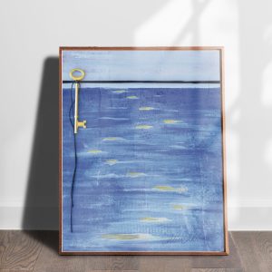 Key 2 mixed media embellished abstracted landscape art print by Alice Arlene Briggs shown on the floor, rich blues on archival cotton paper