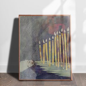 Light of the World mixed media embellished abstract art print by Alice Arlene Briggs shown on the floor, rich yellow and purple on archival cotton paper