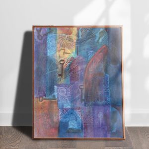 Lock and Key mixed media collage abstract art print by Alice Arlene Briggs shown on the floor, rich teal on archival cotton paper