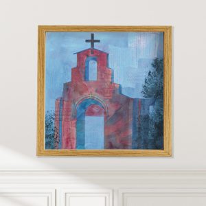 Morley abstracted landscape art print on wall by Alice Arlene Briggs, welcoming church ruin in warm blues and red-orange, available framed or unframed
