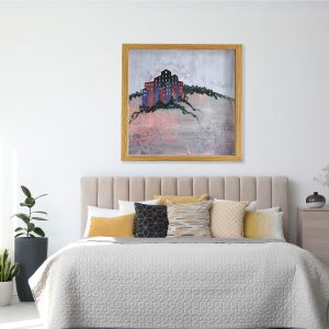 Not Hidden abstracted landscape art print by Alice Arlene Briggs in bedroom setting, peaceful Italian hill town in rich blues and reds, giclée on archival cotton paper