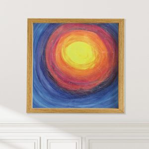 Portal abstract art print on wall by Alice Arlene Briggs, joyful vibrant red yellow and blue, available framed or unframed