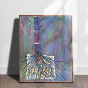 Roots mixed media collage abstract art print by Alice Arlene Briggs shown on the floor, rich purple and green on archival cotton paper