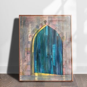 Springs Door mixed media abstracted architecture art print by Alice Arlene Briggs shown on the floor, rich turquoise and muted gray on archival cotton paper