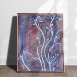 Springs Vines mixed media abstracted floral art print by Alice Arlene Briggs shown on the floor, rich blues and white on archival cotton paper