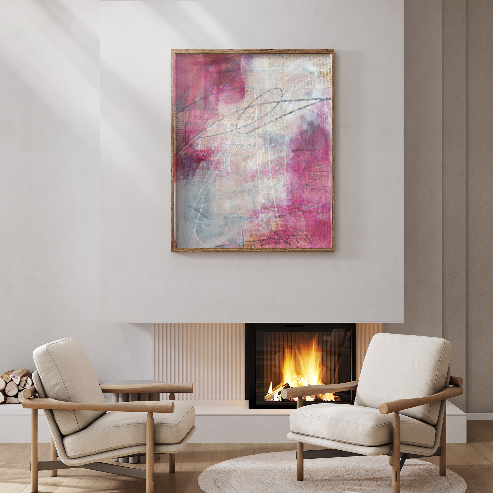 Transition abstract giclée print displayed in a living room by Alice Arlene Briggs, encouragement and hope to grow and carry on in rich pink and cream, portrait format