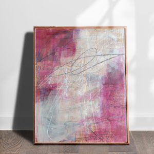 Transition mixed media abstract art print by Alice Arlene Briggs shown on the floor, rich pink and cream on archival cotton paper