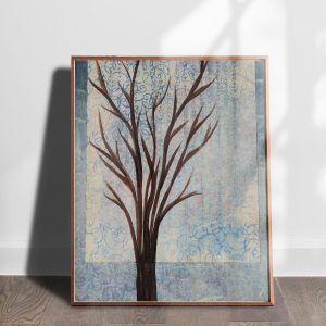 Tree mixed media abstracted landscape art print by Alice Arlene Briggs shown on the floor, muted blues and creams on archival cotton paper