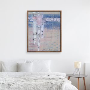 Abstract2 abstract art print by Alice Arlene Briggs in bedroom setting, hope and encouragement to continue and find peace despite chaos in muted cream and blue, giclée on archival cotton paper