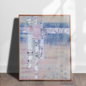 Abstract2 collage abstract art print by Alice Arlene Briggs shown on the floor, muted cream and blue on archival cotton paper