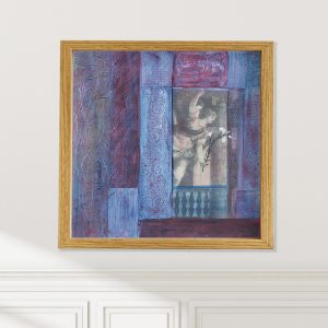 Annunciation abstract figures collage art print on wall by Alice Arlene Briggs, angelic visitation of peace in blues and reds, available framed or unframed