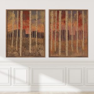 Aspen Grove Set of 2 abstracted landscape giclée print by Alice Arlene Briggs — wall display in rich yellow and red with white, mixed media, part of the Aspen series