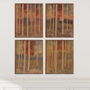 Aspen Grove Set of 4 abstracted landscape giclée print by Alice Arlene Briggs — hall display in rich yellow and red with white, mixed media, part of the Aspen series