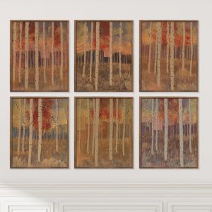Aspen Grove Set of 6 abstracted landscape giclée print by Alice Arlene Briggs — wall display in rich yellow and red with white, mixed media, part of the Aspen series