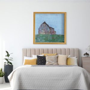 Barn abstracted landscape art print by Alice Arlene Briggs in bedroom setting, peaceful farmland at rest in rich blue green and brown, giclée on archival cotton paper